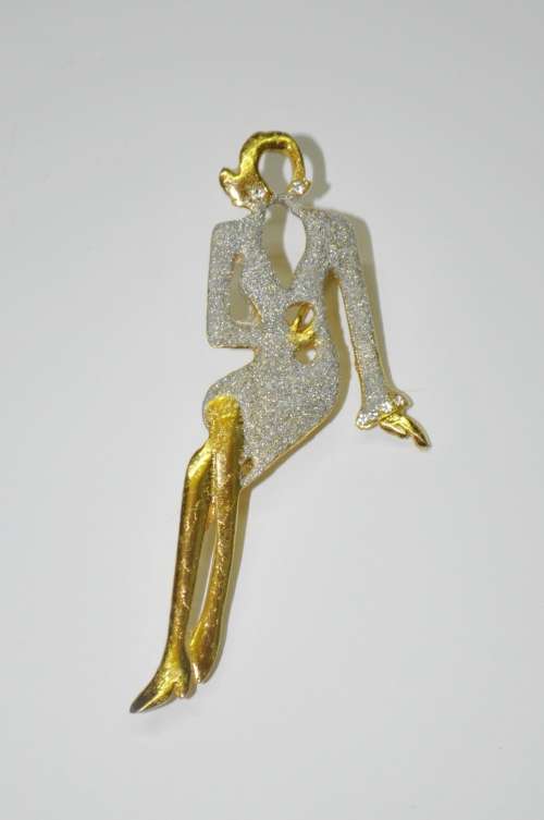 Retro, Vintage Art Deco Style Gold Tone and Enamel Lady Figural Brooch Pin
