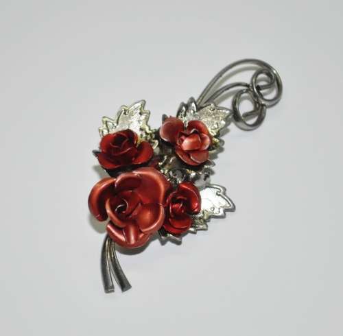 Vintage Silver Tone and Red Metal Rose Bouquet Brooch Pin