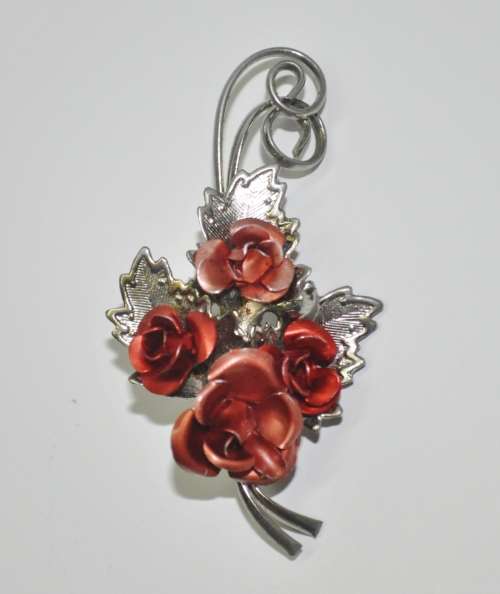 Vintage Silver Tone and Red Metal Rose Bouquet Brooch Pin