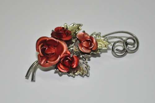 Vintage Silver Tone and Red Metal Rose Bouquet Brooch Pin