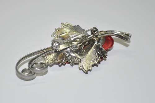 Vintage Silver Tone and Red Metal Rose Bouquet Brooch Pin