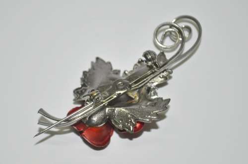 Vintage Silver Tone and Red Metal Rose Bouquet Brooch Pin