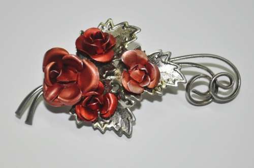 Vintage Silver Tone and Red Metal Rose Bouquet Brooch Pin