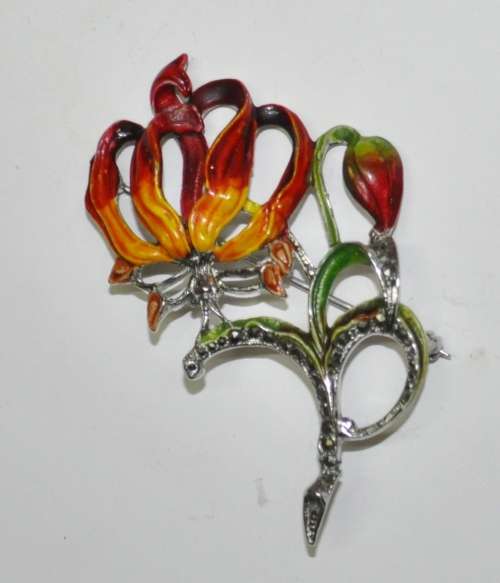 Vintage 1950s Signed BJL B  Bohemian Jewellers Ltd enamel and marcasite Flame Lily brooch pin
