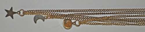 Vintage, Antique Gold Tone Three Strand Necklace with a Star, Moon and rhinesTone Pendant