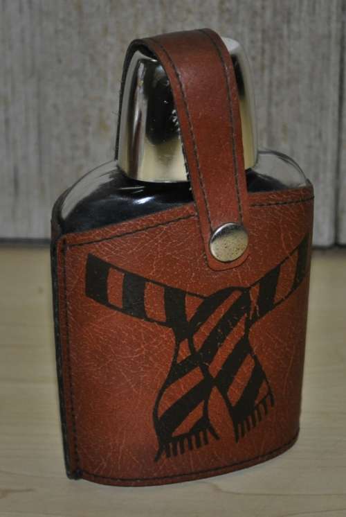 Vintage 0.2 Litre Glass Pocket Flask with Faux Leather Jacket Decorated with a Scarf