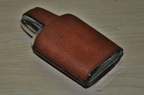 Vintage 0.2 Litre Glass Pocket Flask with Faux Leather Jacket Decorated with a Scarf