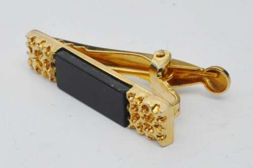 Vintage Gold tone and Faux Onyx Tie Clip