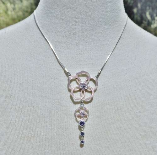 Vintage Danish Silver Tone Floral Pink Enamel and Purple Crystal Necklace signed Pilgrim