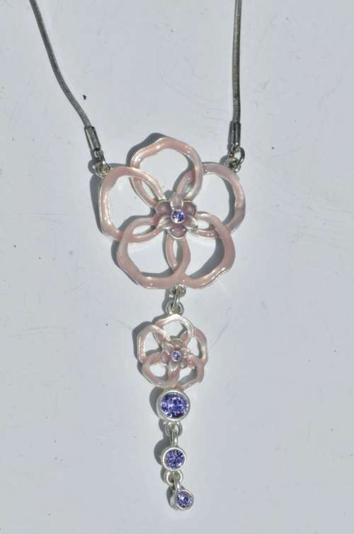 Vintage Danish Silver Tone Floral Pink Enamel and Purple Crystal Necklace signed Pilgrim