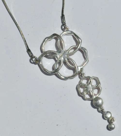 Vintage Danish Silver Tone Floral Pink Enamel and Purple Crystal Necklace signed Pilgrim