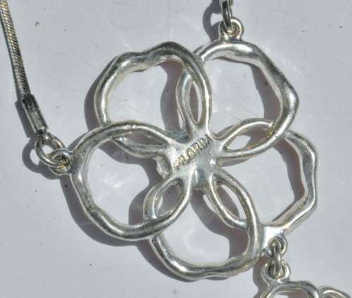 Vintage Danish Silver Tone Floral Pink Enamel and Purple Crystal Necklace signed Pilgrim