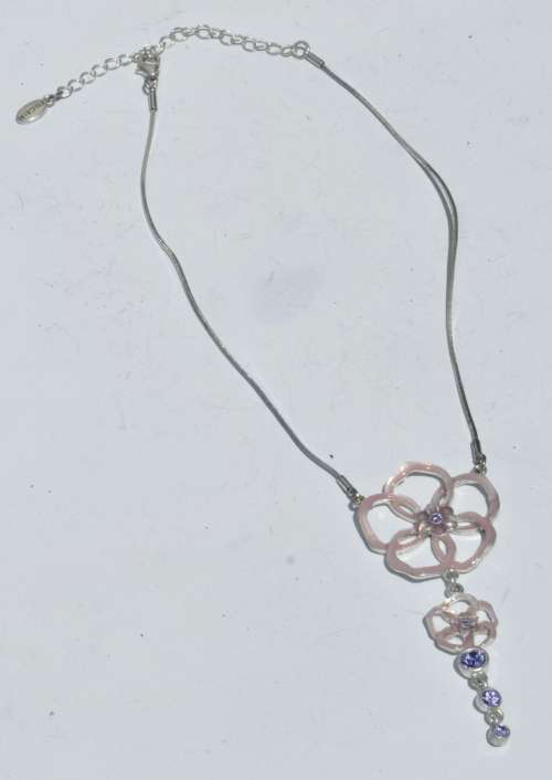 Vintage Danish Silver Tone Floral Pink Enamel and Purple Crystal Necklace signed Pilgrim