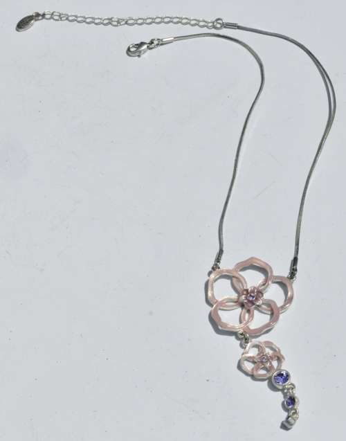 Vintage Danish Silver Tone Floral Pink Enamel and Purple Crystal Necklace signed Pilgrim