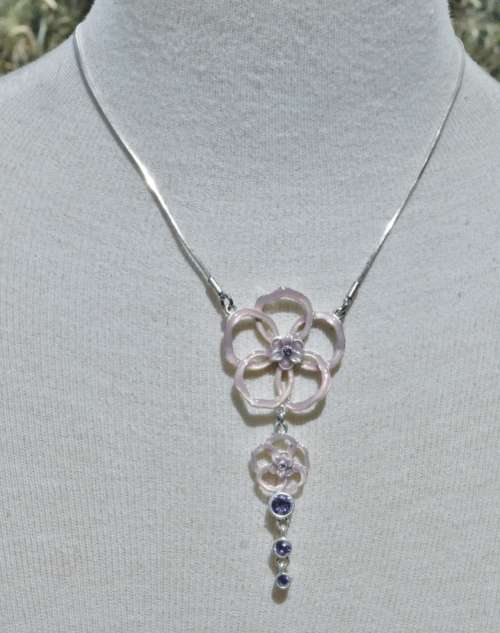 Vintage Danish Silver Tone Floral Pink Enamel and Purple Crystal Necklace signed Pilgrim