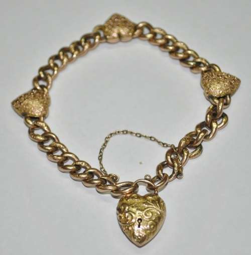 Antique Victorian 9 ct Rose and Yellow Gold Curb Link Bracelet with Heart Padlock and Charms c1900