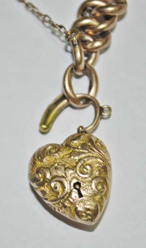 Antique Victorian 9 ct Rose and Yellow Gold Curb Link Bracelet with Heart Padlock and Charms c1900