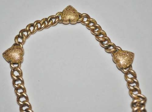 Antique Victorian 9 ct Rose and Yellow Gold Curb Link Bracelet with Heart Padlock and Charms c1900