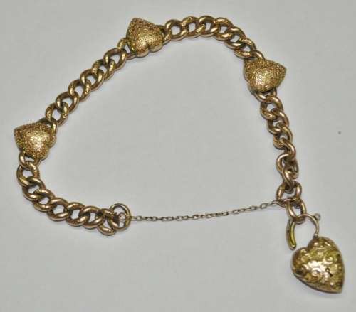 Antique Victorian 9 ct Rose and Yellow Gold Curb Link Bracelet with Heart Padlock and Charms c1900