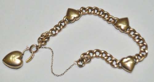 Antique Victorian 9 ct Rose and Yellow Gold Curb Link Bracelet with Heart Padlock and Charms c1900