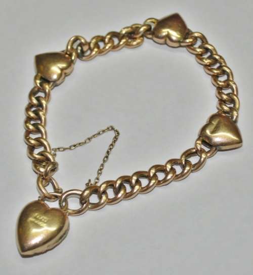 Antique Victorian 9 ct Rose and Yellow Gold Curb Link Bracelet with Heart Padlock and Charms c1900