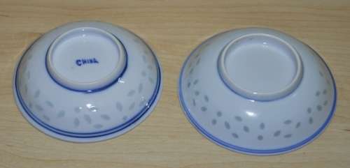 Pair of Vintage Chinese Blue and White Hand Painted Rice Grain Pattern Footed Bowls