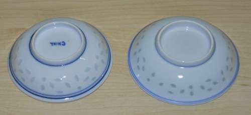 Pair of Vintage Chinese Blue and White Hand Painted Rice Grain Pattern Footed Bowls