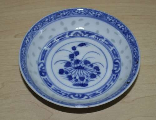 Pair of Vintage Chinese Blue and White Hand Painted Rice Grain Pattern Footed Bowls