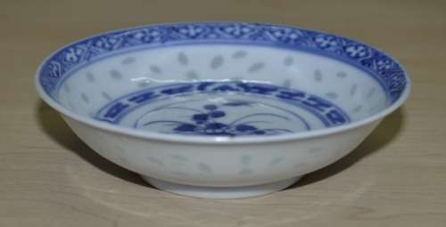 Pair of Vintage Chinese Blue and White Hand Painted Rice Grain Pattern Footed Bowls