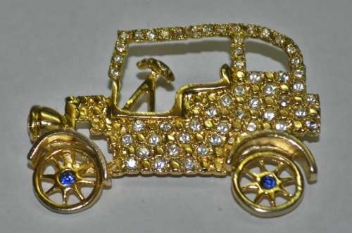 Vintage Gold Tone Rhinestone Encrusted Model T Ford Style Car Brooch