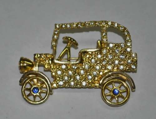 Vintage Gold Tone Rhinestone Encrusted Model T Ford Style Car Brooch