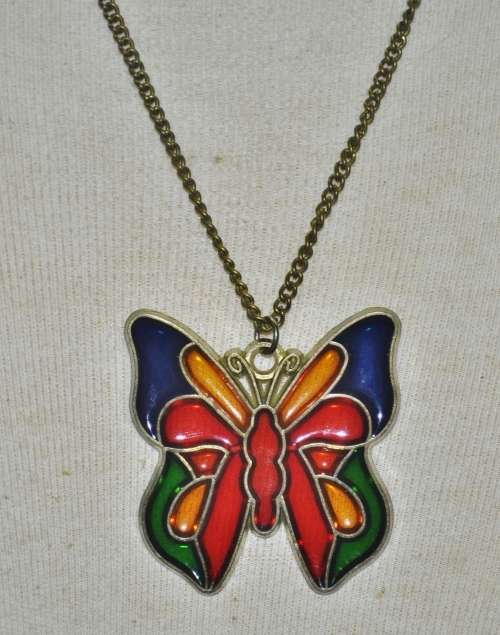 Vintage Brass and Colourful Stained Glass Butterfly Pendant Necklace