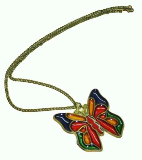 Vintage Brass and Colourful Stained Glass Butterfly Pendant Necklace