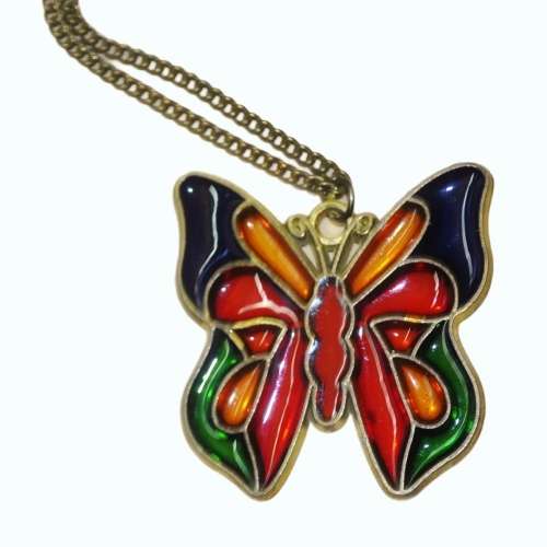 Vintage Brass and Colourful Stained Glass Butterfly Pendant Necklace