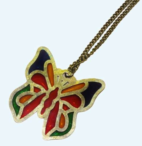 Vintage Brass and Colourful Stained Glass Butterfly Pendant Necklace