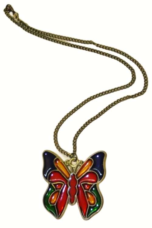 Vintage Brass and Colourful Stained Glass Butterfly Pendant Necklace
