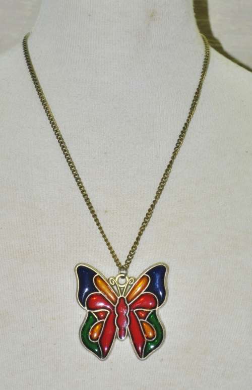 Vintage Brass and Colourful Stained Glass Butterfly Pendant Necklace