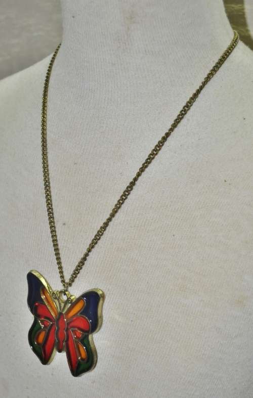 Vintage Brass and Colourful Stained Glass Butterfly Pendant Necklace