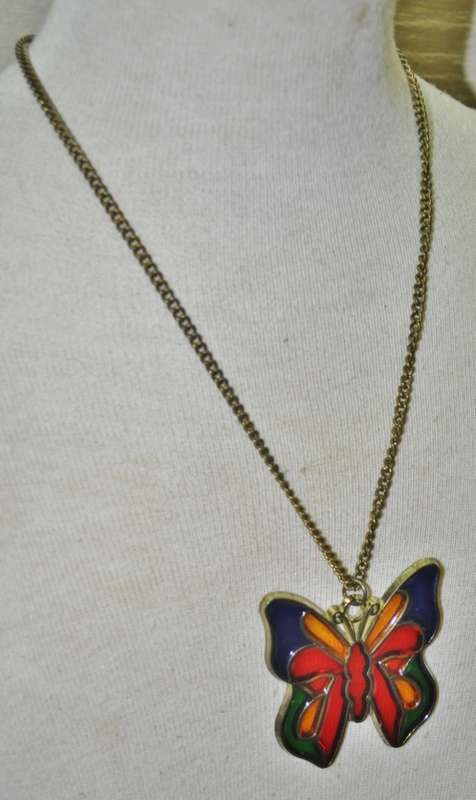 Vintage Brass and Colourful Stained Glass Butterfly Pendant Necklace
