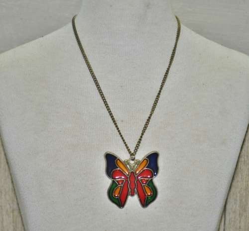 Vintage Brass and Colourful Stained Glass Butterfly Pendant Necklace