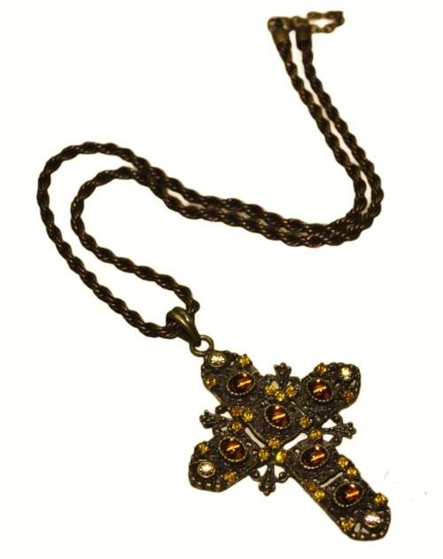 Vintage Antique Brass Tone Cross with Topaz Coloured Rhinestones Pendant Necklace
