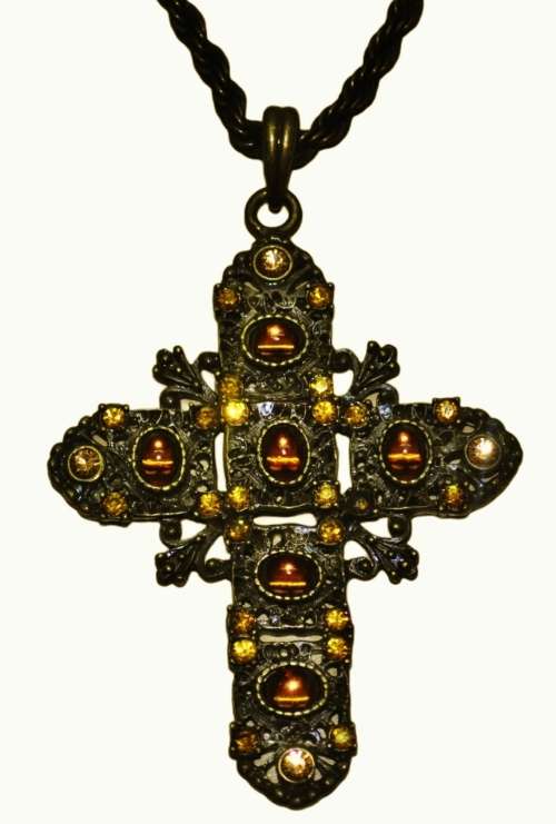 Vintage Antique Brass Tone Cross with Topaz Coloured Rhinestones Pendant Necklace