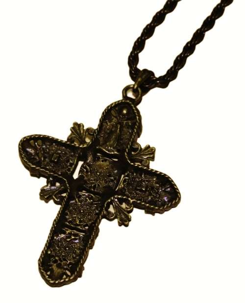 Vintage Antique Brass Tone Cross with Topaz Coloured Rhinestones Pendant Necklace