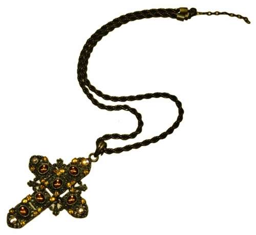 Vintage Antique Brass Tone Cross with Topaz Coloured Rhinestones Pendant Necklace