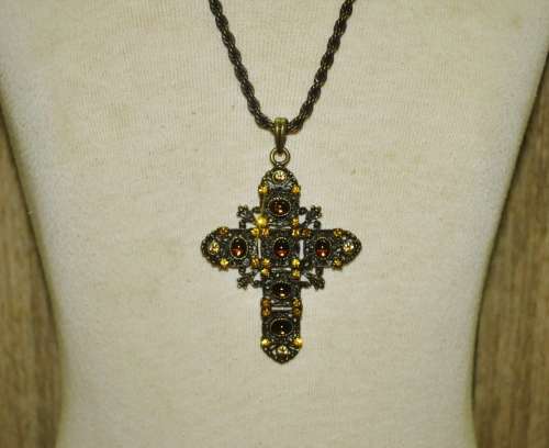 Vintage Antique Brass Tone Cross with Topaz Coloured Rhinestones Pendant Necklace