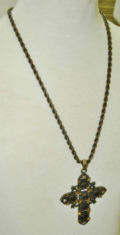 Vintage Antique Brass Tone Cross with Topaz Coloured Rhinestones Pendant Necklace