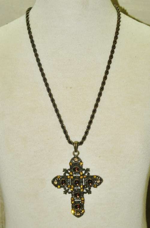 Vintage Antique Brass Tone Cross with Topaz Coloured Rhinestones Pendant Necklace
