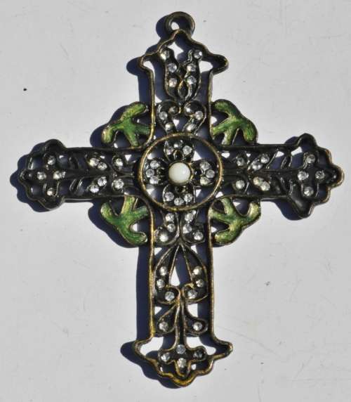 Vintage Art Nouveau Style Brass Budded Latin Cross Pendant with Howlite, Crystal and Green Enamel