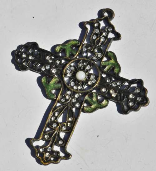 Vintage Art Nouveau Style Brass Budded Latin Cross Pendant with Howlite, Crystal and Green Enamel