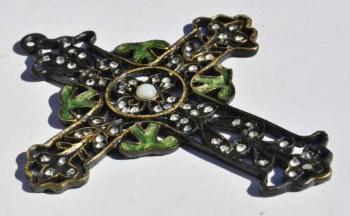 Vintage Art Nouveau Style Brass Budded Latin Cross Pendant with Howlite, Crystal and Green Enamel